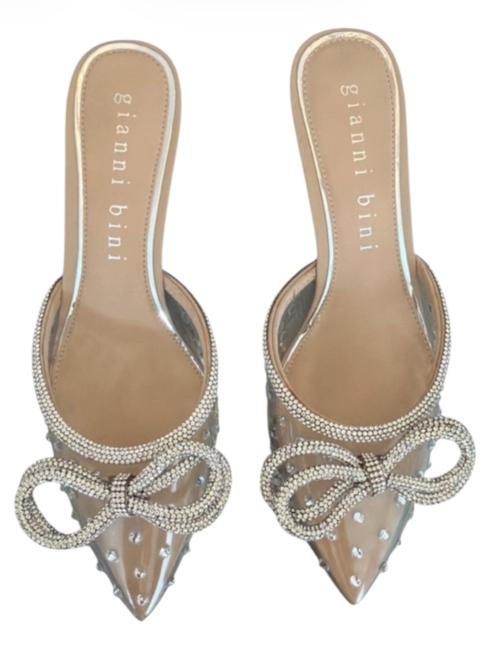 NWOT Gianni Bini Kamilla Clear Rhinestone Bow Kitten Heel Mules 8.5